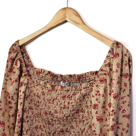 LUSH Floral Peplum Top Smocked Front Square Neckline Long Sleeve Size M - Picture 2 of 11